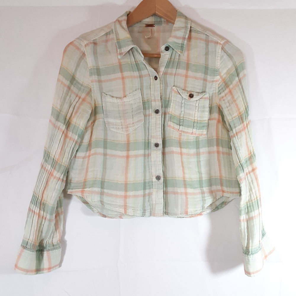 F R E E PEOPLE 💐 Plaid Pastel Cropped Linen Top